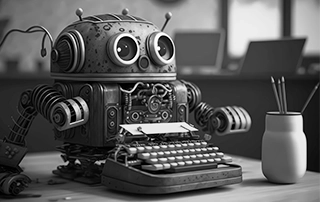 Ein KI-generiertes Bild, dass eine KI-gesteuerte Schreibmaschine zeigt