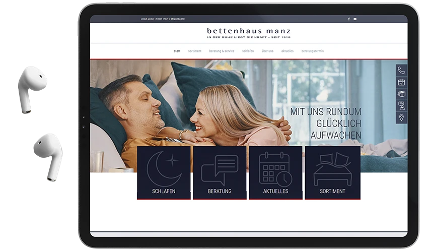 Die Webseite des arven.io-Kunden Bettenhaus Manz auf einem Handy