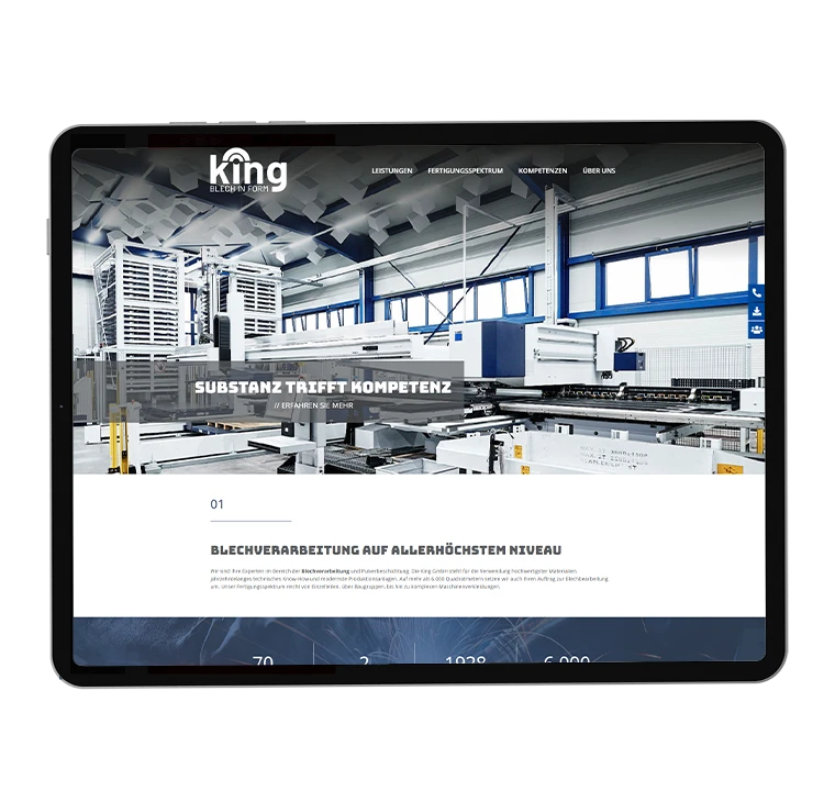 Die Webseite des aven.io-Kunden King, dargestellt auf einem Tablet