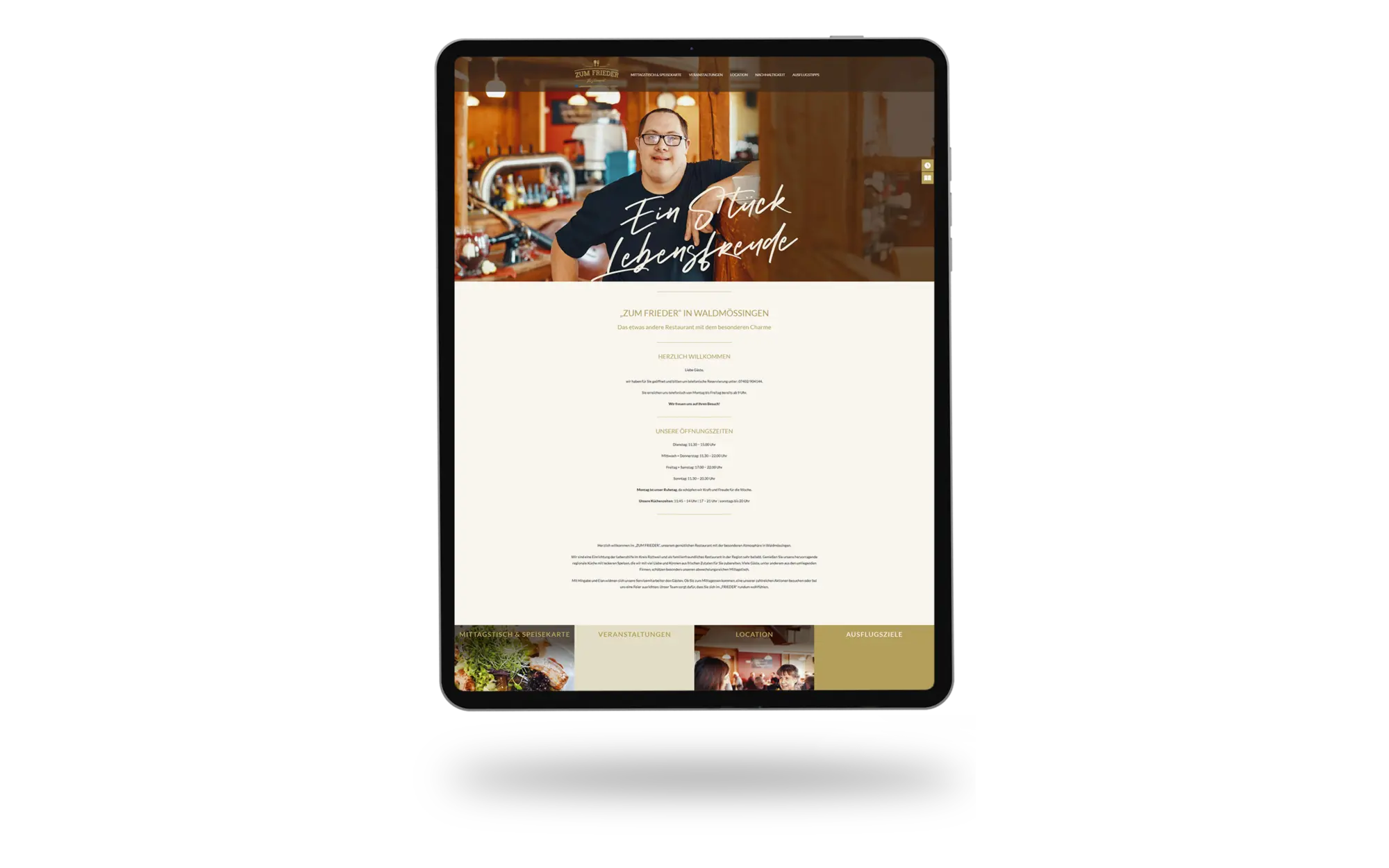 Die Webseite des Restaurants "Zum Frieder" der Lebenshilfe im Kreis Rottweil gGmbH auf einem Tablet